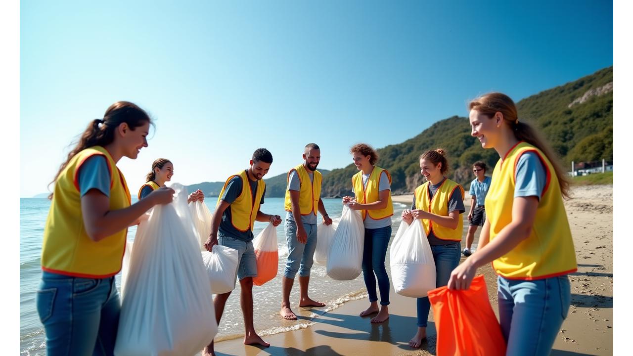 Volunteers conducting a beach clean-up in Plymouth