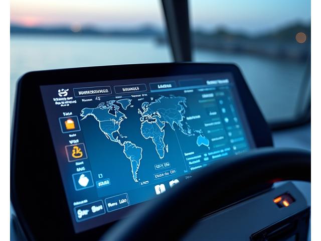 IoT marine dashboard displaying real-time boat data, featuring maps, sensor readings, and control toggles. Modern, clean UI.