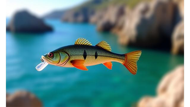 A handcrafted bass fishing lure with striking patterns near rocky coastline.