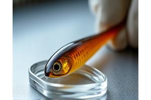 A handcrafted lure being dipped into a clear, durable epoxy finish.