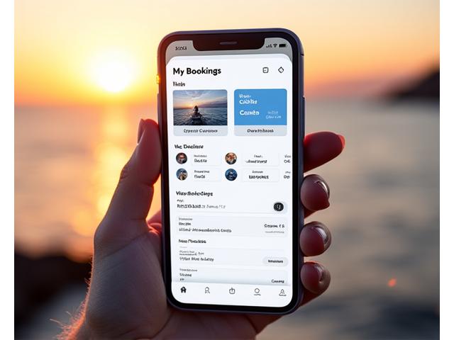 Mobile device displaying an online booking management dashboard with upcoming trip details