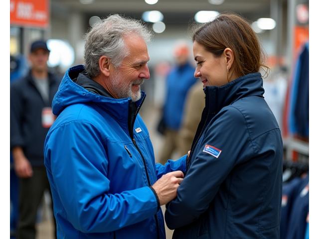 Store assistant helping a customer try on a marine jacket, ensuring a proper fit
