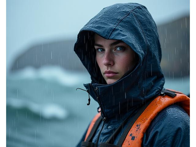 A person wearing heavy-duty waterproof and windproof fishing gear in a stormy, rainy coastal environment