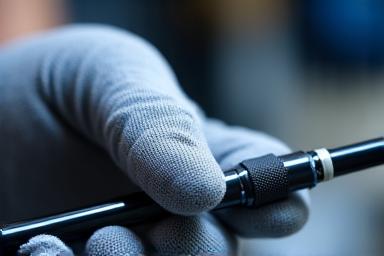 Close-up of a technician's hands expertly repairing a fishing reel guide
