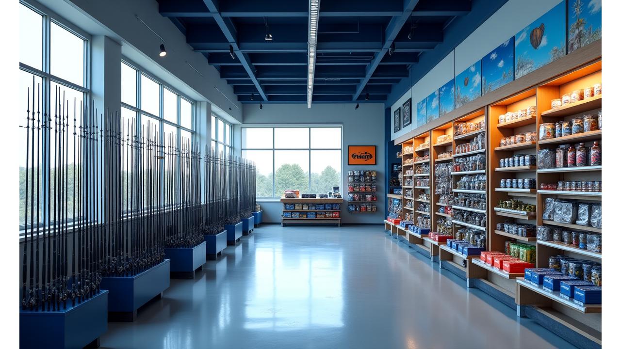 Wide shot of a modern, well-stocked fishing tackle department with various rods, reels, and fishing gear on display, clean and inviting atmosphere.
