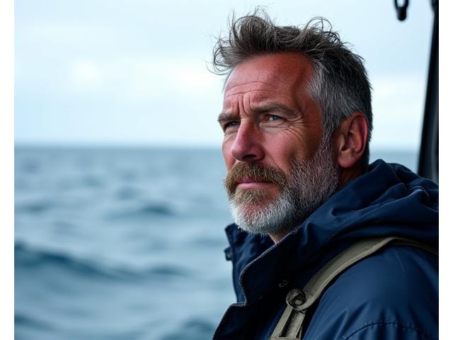 Portrait of a rugged fishing skipper, Mike, with a serious but friendly expression looking out to sea.