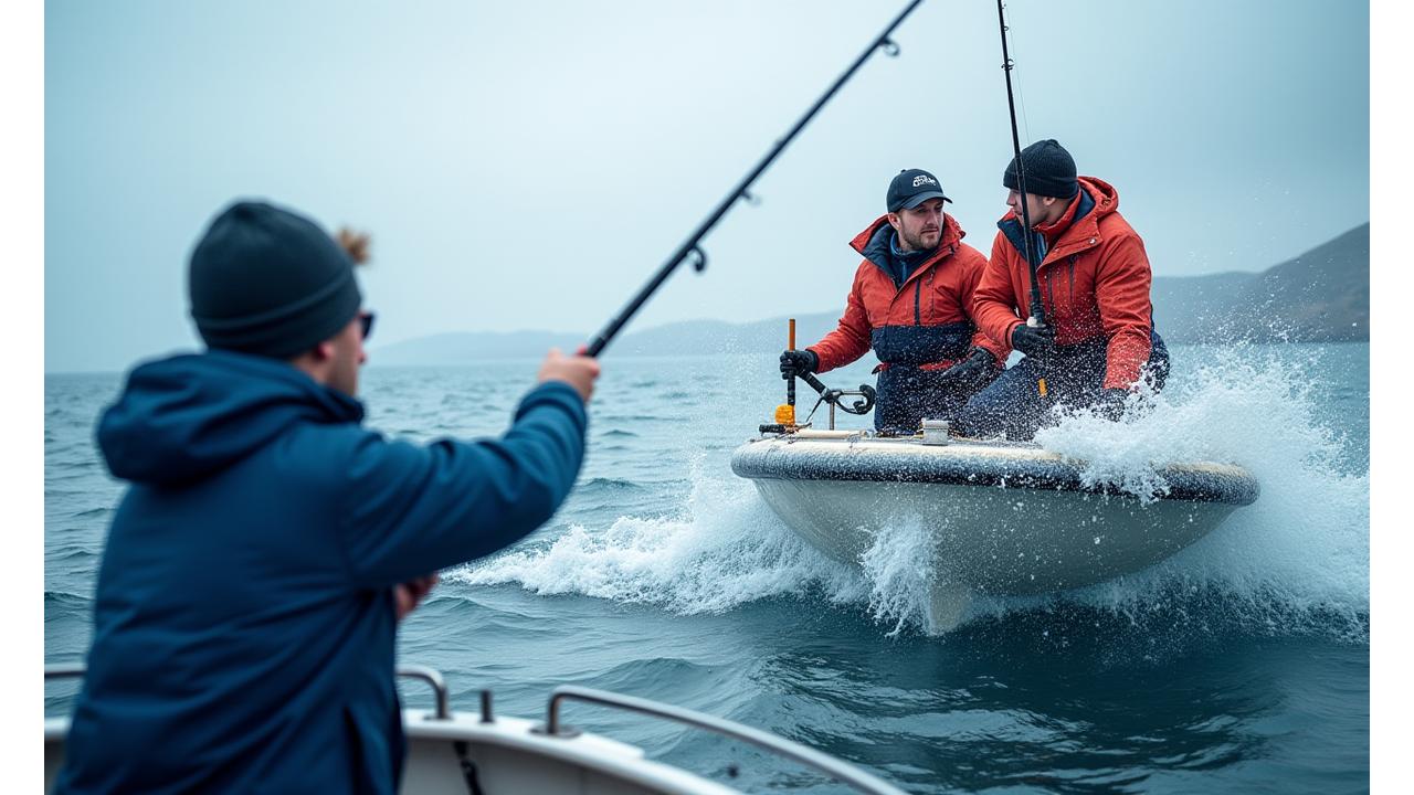 Anglers on a boat with deep-sea fishing rods, a large fish being reeled in