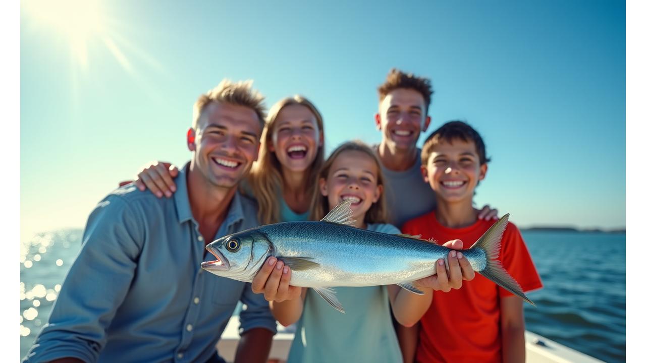 Happy family showing off a mackerel catch on a guided fishing tour