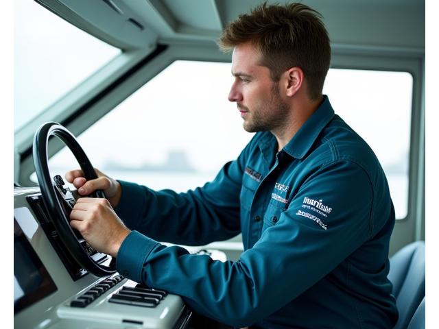 Marine technician installing an electronic device on a boat's dashboard