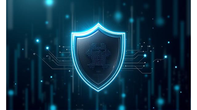 A glowing shield icon over a blurred background of code, representing digital security and intellectual property protection.